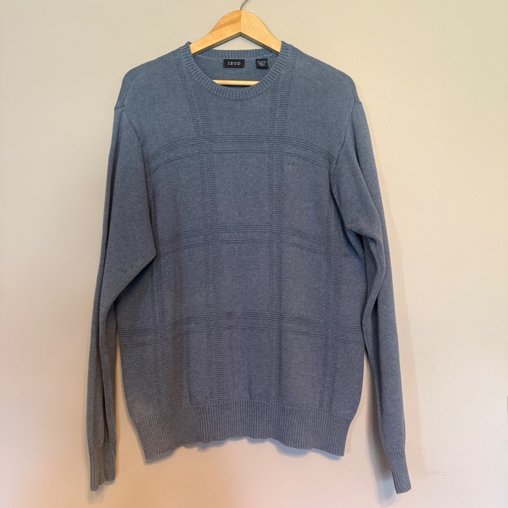 IZOD Mens Blue 100% Cotton Windowpane Grid Textured Crewneck Sweater Large